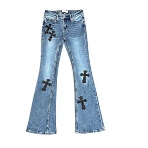 Austin Landing Women's Gothic Crosses Flare Leg Blue Jeans Size 1